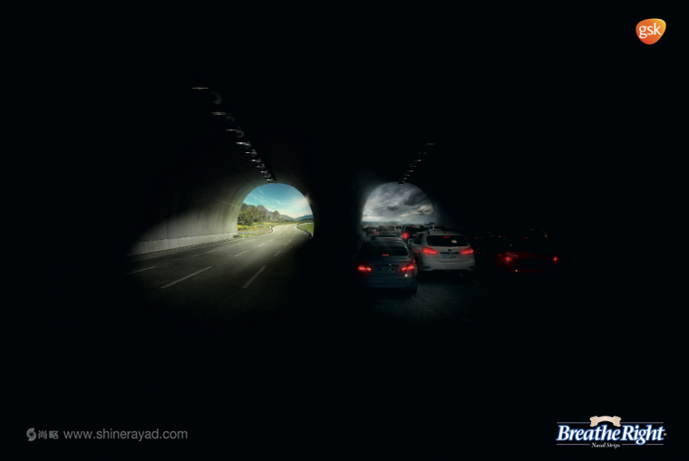 GSK葛蘭素史克Breathe Right 鼻舒樂通氣鼻貼、止鼾貼、鼻塞貼對比廣告平面廣告創(chuàng)意設(shè)計(jì)-汽車隧道篇