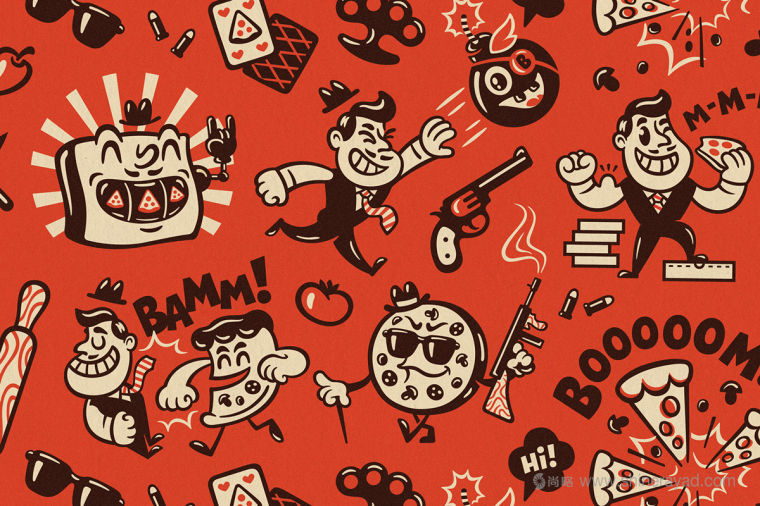 Mama Mafia 漢堡與日式料理外賣快餐餐廳品牌VI視覺形象設(shè)計-輔助圖形設(shè)計插畫設(shè)計4