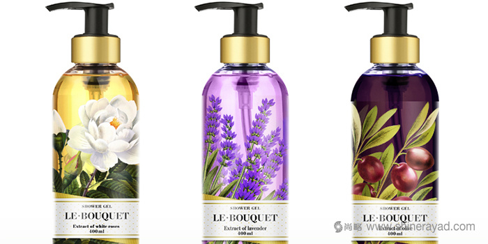 上海化妝品包裝設計公司欣賞:全彩印花朵插畫 Le Bouquet 品牌沐浴露包裝設計 上?;瘖y品包裝設計公司欣賞:全彩印花朵插畫 Le Bouquet 品牌沐浴露包裝設計