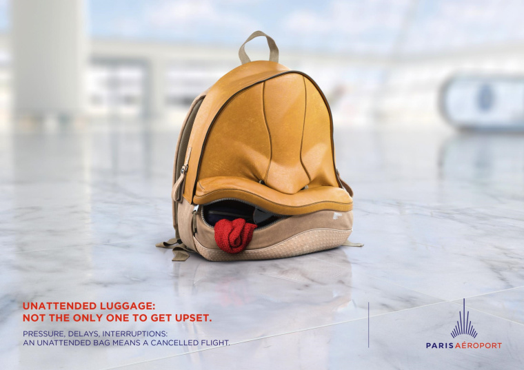 法國巴黎機(jī)場(chǎng)設(shè)計(jì)的平面創(chuàng)意廣告“憤怒的包”，提醒人們注意看管物品