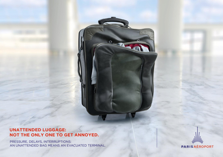 法國巴黎機(jī)場(chǎng)設(shè)計(jì)的平面創(chuàng)意廣告“憤怒的包”，提醒人們注意看管物品
