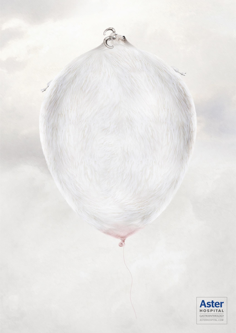 艾斯特醫(yī)院治療胃脹胃病平面廣告創(chuàng)意設(shè)計-膨脹的山羊-上海醫(yī)療平面廣告策劃設(shè)計公司