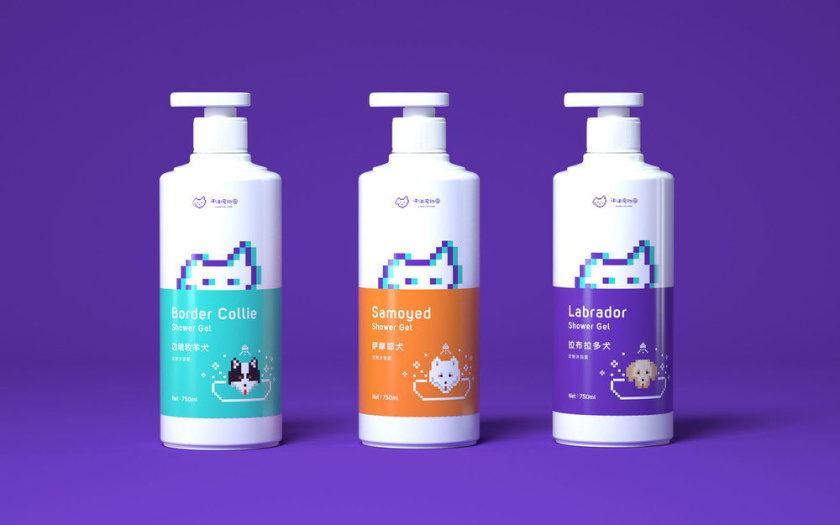 Nonda寵物店商品品牌包裝設計，馬賽克寵物插畫風格