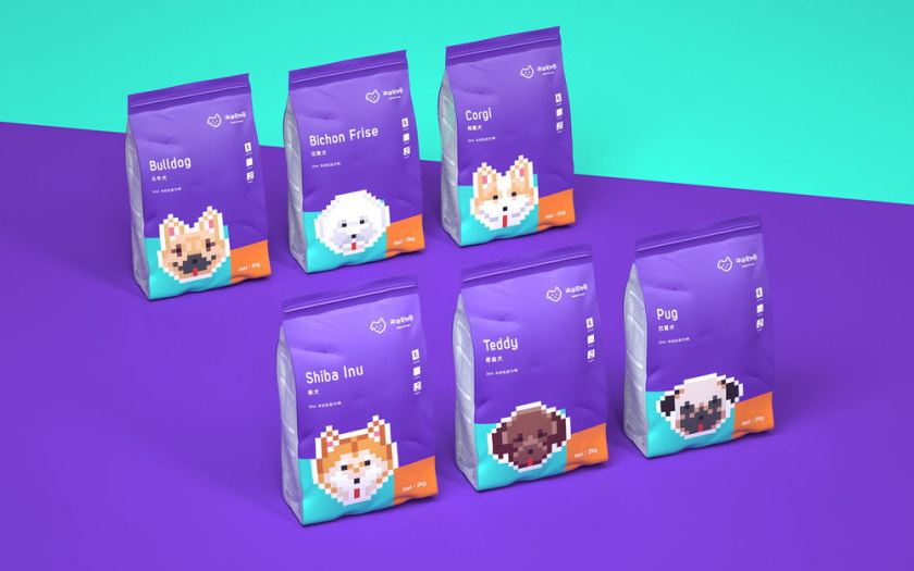 Nonda寵物店商品品牌包裝設計，馬賽克寵物插畫風格