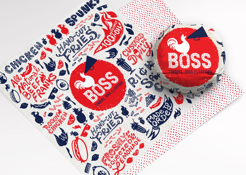 老板牌雞肉炸雞漢堡快餐品牌形象設(shè)計與外賣產(chǎn)品包裝設(shè)計“詼諧和時髦的插畫”