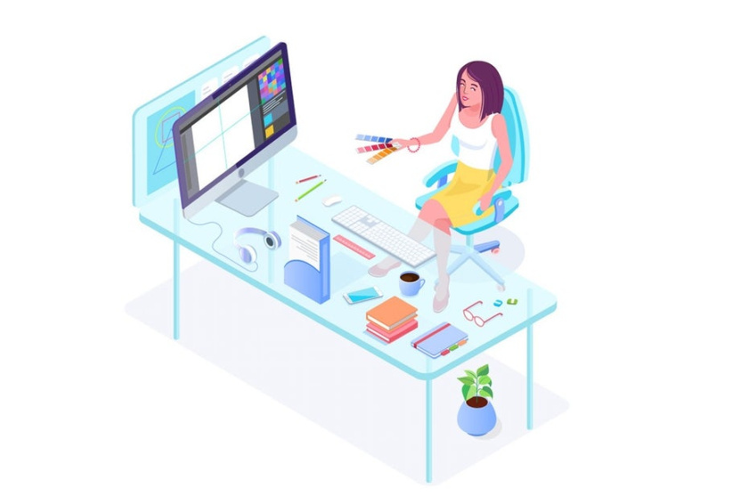 等距設(shè)計(jì)-坐在有計(jì)算機(jī)的書桌的人