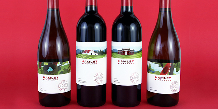 哈姆雷特葡萄酒品牌包裝設(shè)計，葡萄園自定義風(fēng)景插畫與手工刻字的結(jié)合