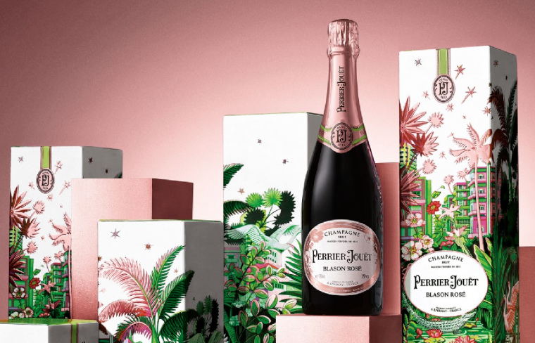 情人節(jié)禮盒 PERRIER-JOU?T玫瑰香檳包裝設(shè)計(jì)，熱帶雨林植物插畫(huà)設(shè)計(jì)