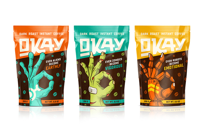 OKAY咖啡神秘生物的手插圖包裝設(shè)計(jì)，一切都會(huì)好起來(lái)的