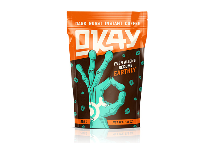 OKAY咖啡神秘生物的手插圖包裝設(shè)計(jì)，一切都會(huì)好起來(lái)的