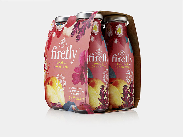 Firefly帶有翅膀的飲料包裝設計，配上帶狀線“活化植物”強化健康特性