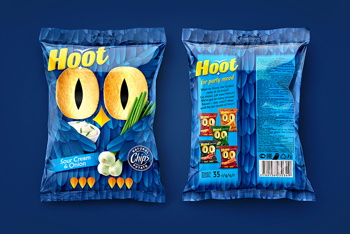Hoot薯片貓頭鷹形象包裝設(shè)計(jì)，一雙貓頭鷹的大眼睛極具趣味性和情感性