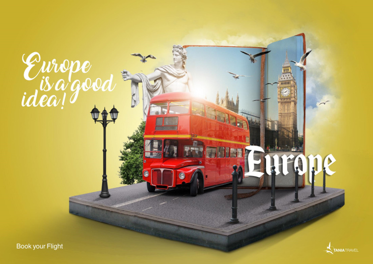 塔尼亞旅行社旅游廣告“預(yù)定航班-去歐洲是個(gè)好主意”平面創(chuàng)意賞析-上海廣告設(shè)計(jì)公司