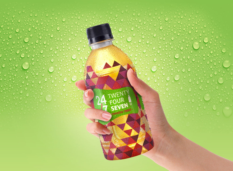 24/7品牌草本植物飲料包裝設(shè)計，五顏六色的幾何三角色塊風(fēng)格包裝設(shè)計