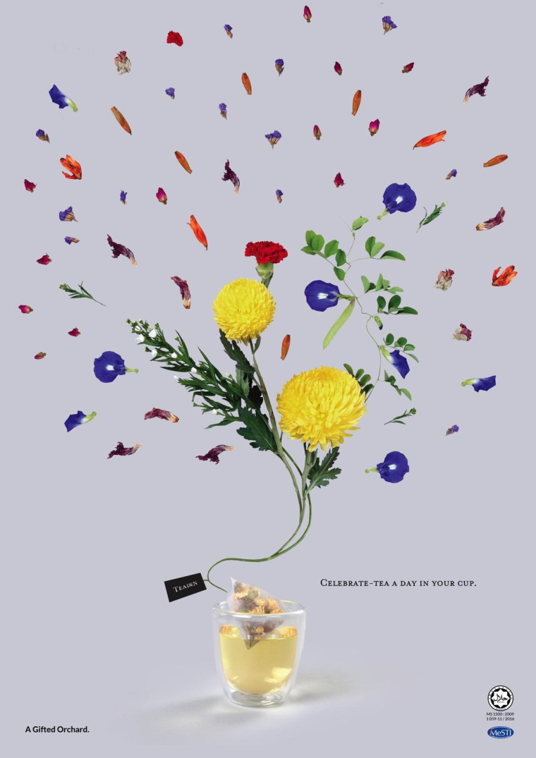Teaden 袋泡茶平面創(chuàng)意廣告設計“在你的杯子里慶祝一天的茶”