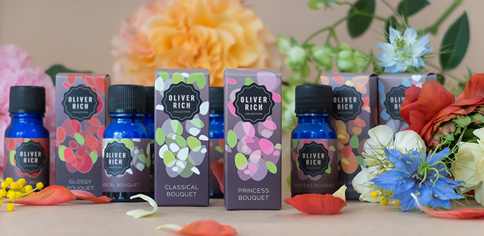 Oliver Rich 香薰精油油包裝設(shè)計，漂浮在空氣的抽象花瓣插畫設(shè)計