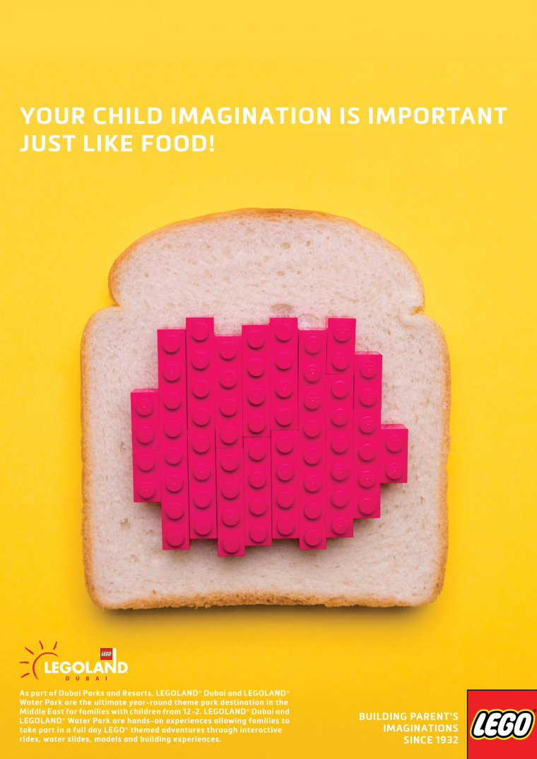 樂高玩具平面創(chuàng)意廣告設(shè)計“你孩子的想象力就像食物一樣重要”-面包