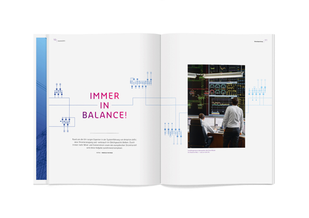 歐洲領(lǐng)先輸電運營商Amprion年度宣傳畫冊設(shè)計，藍粉漸變色營造平靜的印象