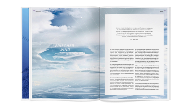 歐洲領(lǐng)先輸電運營商Amprion年度宣傳畫冊設(shè)計，藍粉漸變色營造平靜的印象