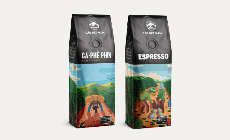 Cau Dat 農(nóng)場咖啡茶葉包裝設(shè)計，采用環(huán)繞農(nóng)場的插畫設(shè)計將全景感受融入其中