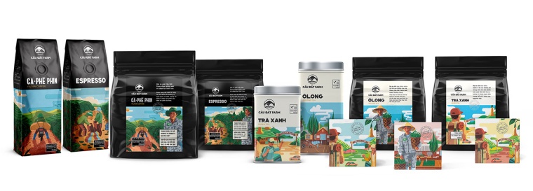 Cau Dat農(nóng)場插畫式包裝設(shè)計，采用環(huán)繞設(shè)計將全景感受融入其中