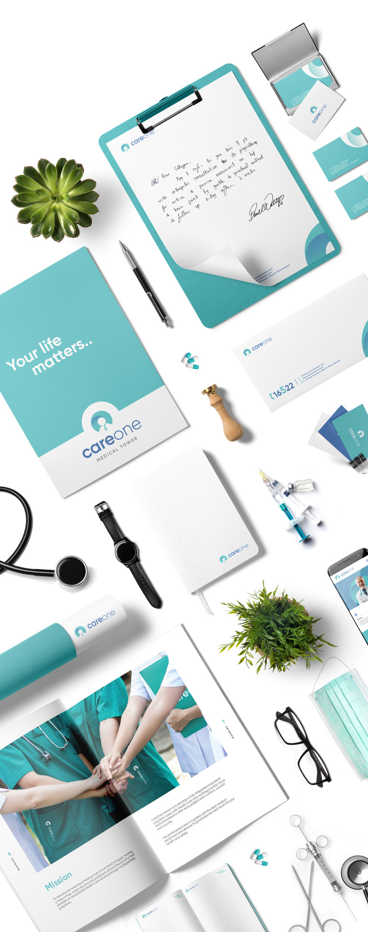 CareOne醫(yī)療機(jī)構(gòu)品牌形象VI設(shè)計(jì)logo設(shè)計(jì)，藝術(shù)感醫(yī)生元素鑲嵌于旋轉(zhuǎn)字母C