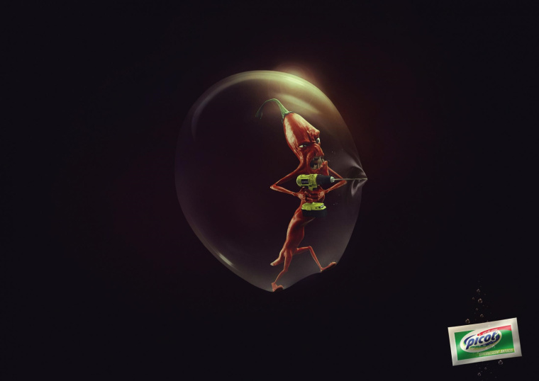 Picot泡騰抗酸劑平面廣告創(chuàng)意設(shè)計(jì)，以夸張手法表現(xiàn)出強(qiáng)大且持久的特點(diǎn)