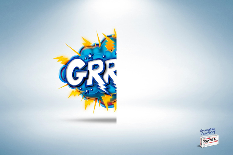 Gelocatil止痛藥平面廣告創(chuàng)意設(shè)計(jì)，以對比表現(xiàn)手法傳達(dá)止痛超過聲速的特點(diǎn)