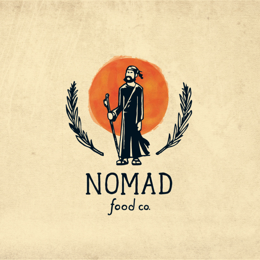 有一根拐棍的人反對(duì)圓的橙色太陽(yáng)背景水彩標(biāo)志設(shè)計(jì)