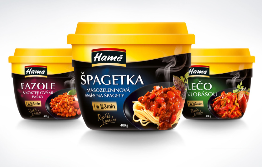 Hamé 即食餐即食菜包裝設(shè)計，采用收縮膜全面積彩印增強了包裝的獨特性