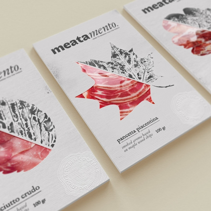Meatamento熏肉包裝設(shè)計(jì)，采用葉子造型的開(kāi)窗紙盒設(shè)計(jì)