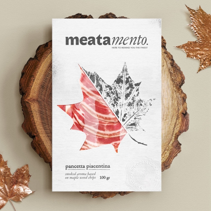 Meatamento熏肉包裝設(shè)計(jì)，采用葉子造型的開(kāi)窗紙盒設(shè)計(jì)