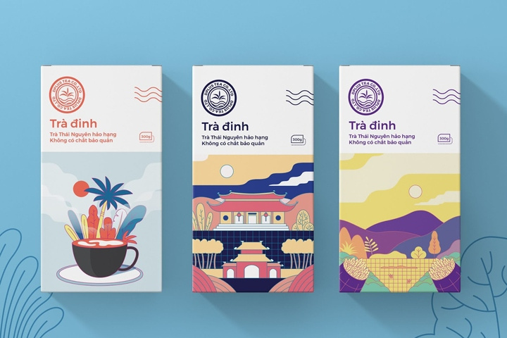 Dinh 茶葉包裝設(shè)計(jì)，扁平插畫藝術(shù)風(fēng)格