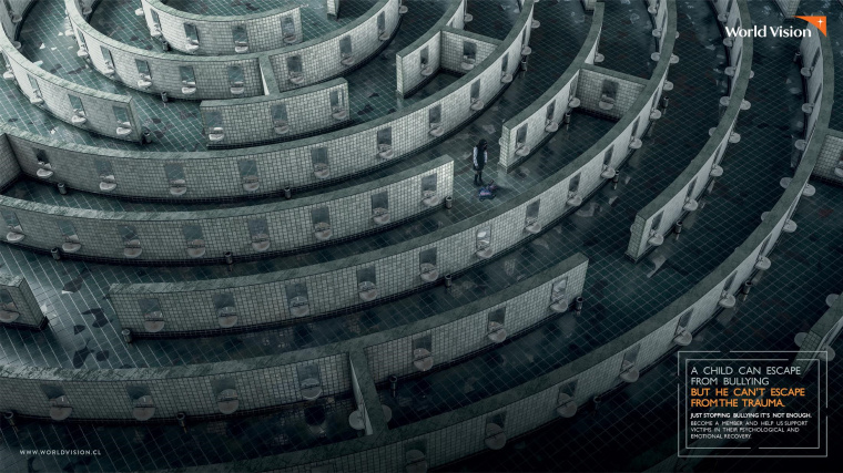 公益組織“世界宣明會”創(chuàng)意平面廣告設(shè)計：孩子可以逃避欺凌，但無法擺脫創(chuàng)傷