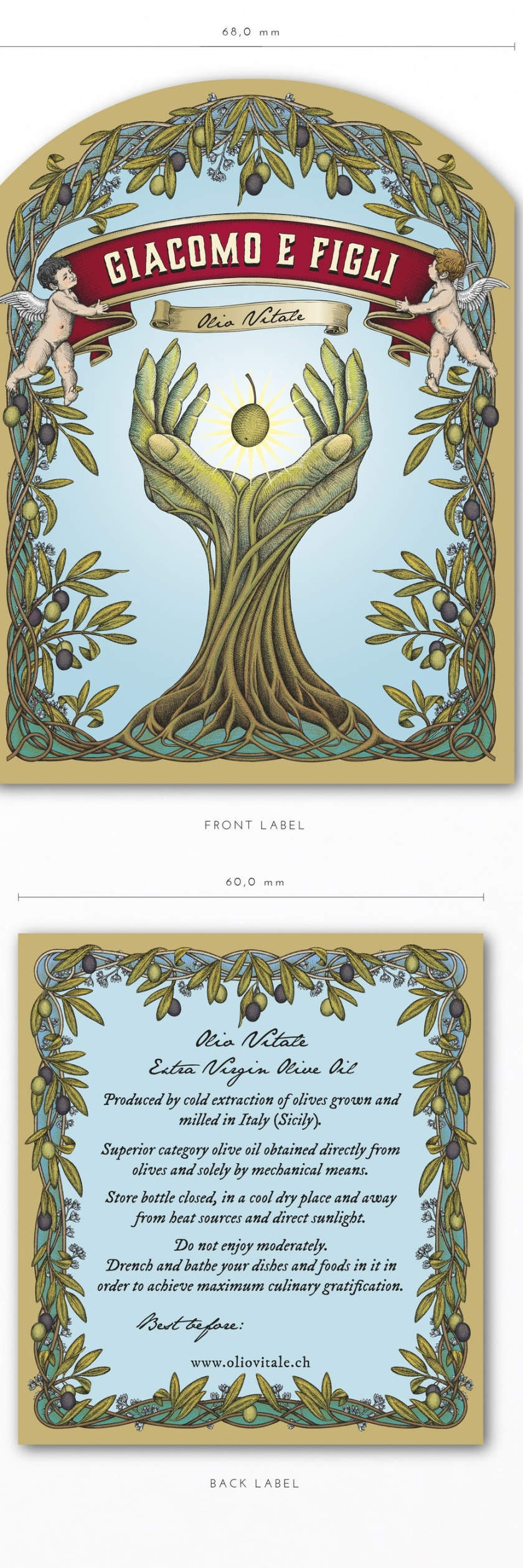 平面設(shè)計中的超現(xiàn)實主義-超現(xiàn)實包裝設(shè)計-根手天使和橄欖，Yokaon的橄欖油標簽