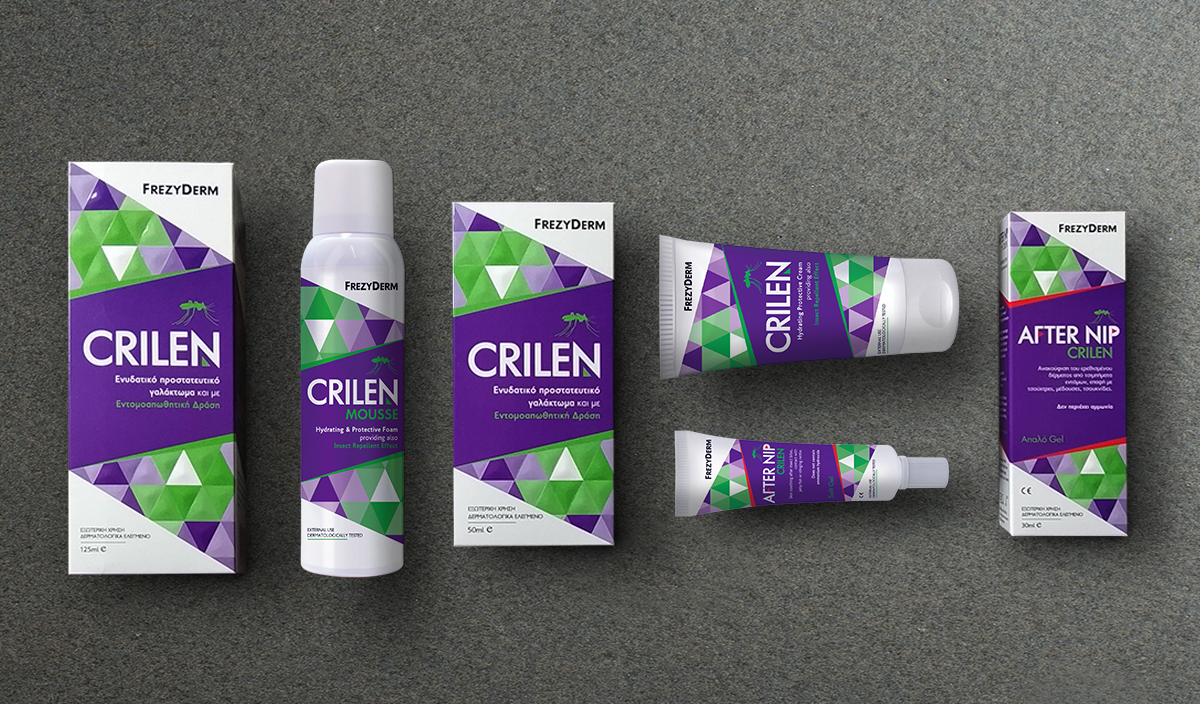 Frezyderm Crilen 驅蟲驅蚊止癢產品包裝設計，多層壓紋工藝與幾何版式營造包裝質感