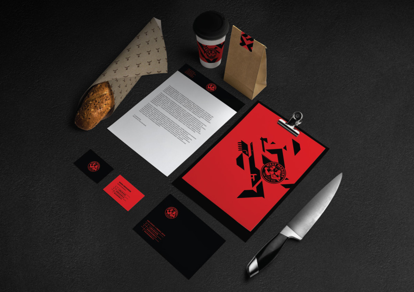 Meat Makers 肉食酒吧餐廳logo設(shè)計vi設(shè)計，兩個背靠背硬漢+小刀幾何元素