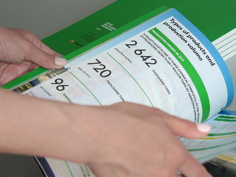 Togliattiazot 2017年企業(yè)可持續(xù)發(fā)展報告宣傳冊設(shè)計，斜杠條紋風(fēng)格