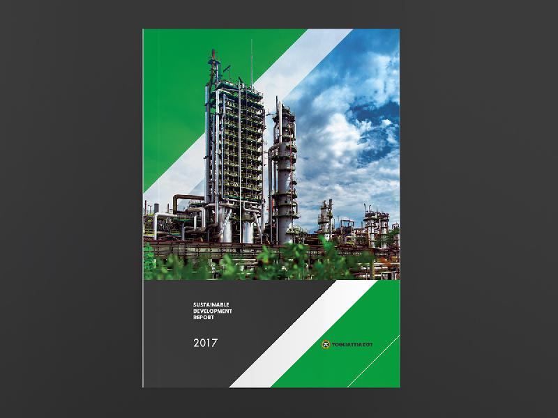 Togliattiazot 2017年企業(yè)可持續(xù)發(fā)展報告宣傳冊設(shè)計，斜杠條紋風(fēng)格