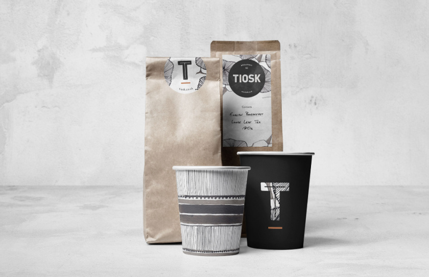 Tiosk茶飲餐飲品牌形象設(shè)計(jì)，水墨線條畫風(fēng)格