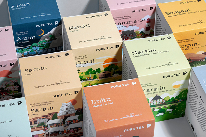 pure tea 純茶有機茶葉包裝設(shè)計，13個茶葉原產(chǎn)地風(fēng)景插圖設(shè)計