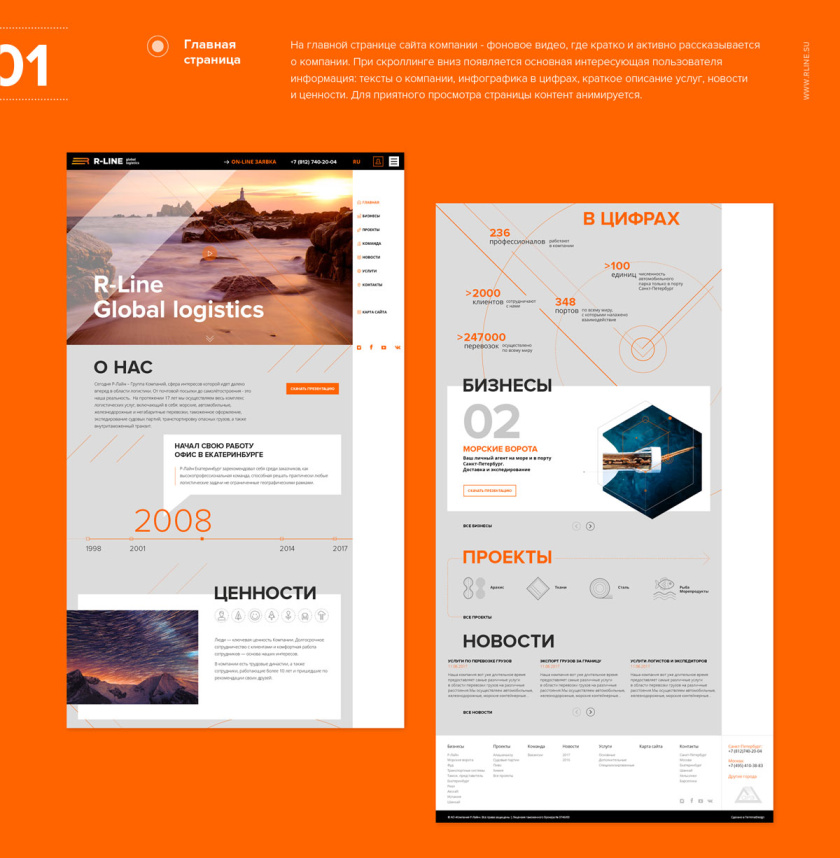 R-Line集團運輸物流公司新響應式網(wǎng)站設計，橙色線條+幾何圖片