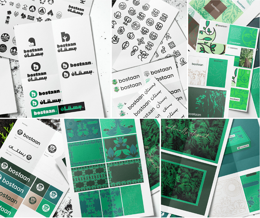 Bostaan 景觀公司logo設(shè)計(jì)與vi設(shè)計(jì)，矢量化幾何風(fēng)格綠葉與根須