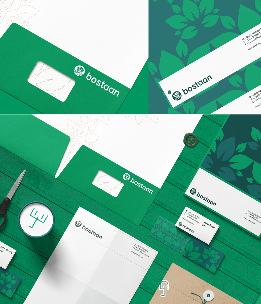 Bostaan 景觀公司logo設(shè)計(jì)與vi設(shè)計(jì)，矢量化幾何風(fēng)格綠葉與根須