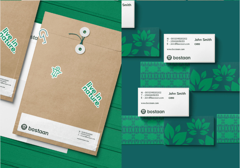 Bostaan 景觀公司logo設(shè)計(jì)與vi設(shè)計(jì)，矢量化幾何風(fēng)格綠葉與根須