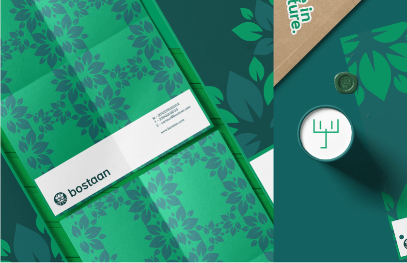 Bostaan 景觀公司logo設(shè)計(jì)與vi設(shè)計(jì)，矢量化幾何風(fēng)格綠葉與根須