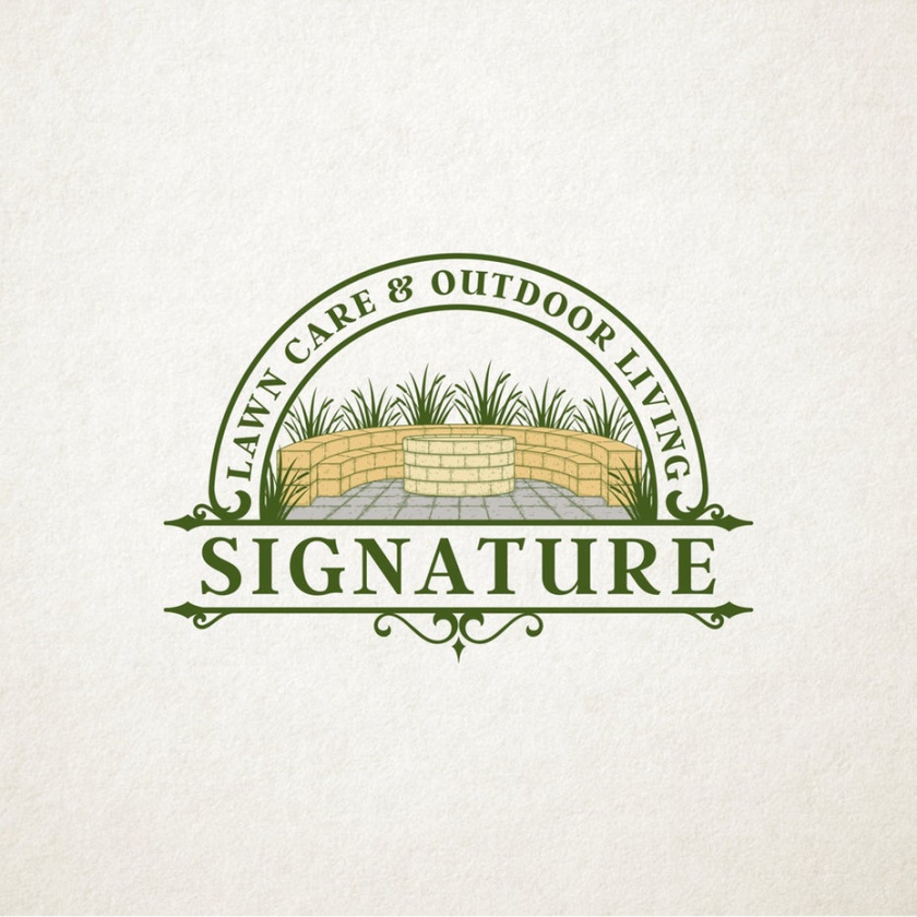 一個(gè)火坑的插圖由攤鋪機(jī)與文本“草坪護(hù)理和戶外生活簽名”logo設(shè)計(jì)