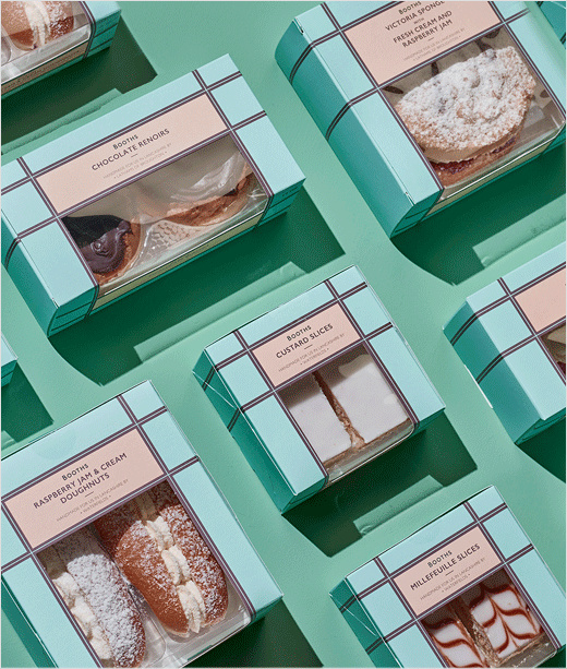 Booths蛋糕和布丁系列食品包裝設計，源自20世紀裝飾藝術靈感