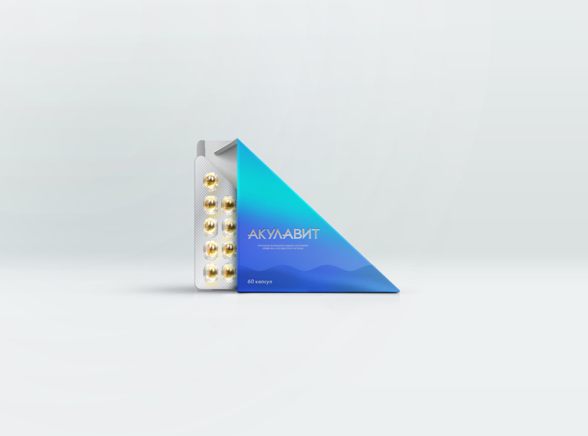 AKULAVIT 鯊魚肝脂保健品包裝設計，源自鯊魚鰭的圖形元素