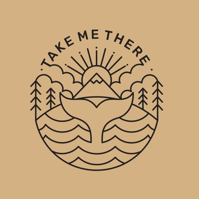 線條藝術(shù)旅行旅游logo設(shè)計(jì)與樹木，太陽(yáng)和魚尾巴